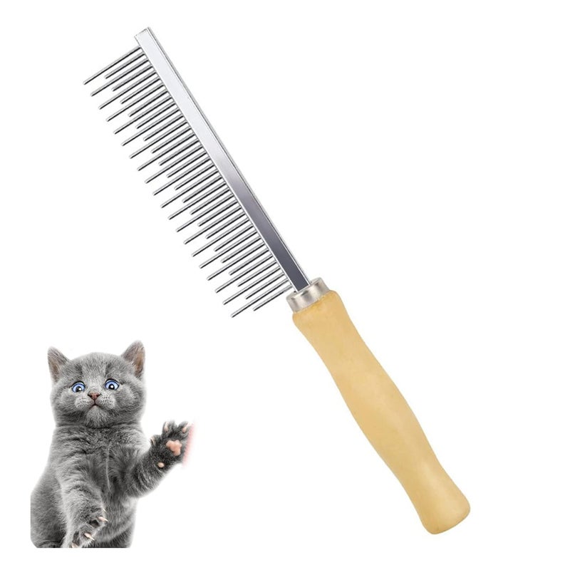 koofull Dog Cat Grooming Comb with Wooden Handle Stainless Steel Teeth, Pet Grooming Supplies Accessories for Hairy Pets (Dual Teeth) - Image 1
